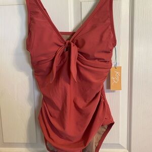 Kona Sol One Piece Coral Tie Front Ruched Swimsuit Women’s Size Medium NWT